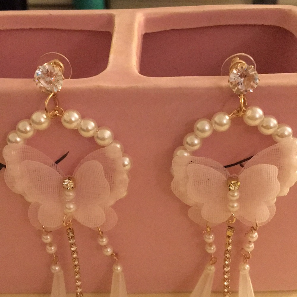 Pink Butterfly + Crystal Pearl Boho Drop Statement Earrings - Picture 8 of 11